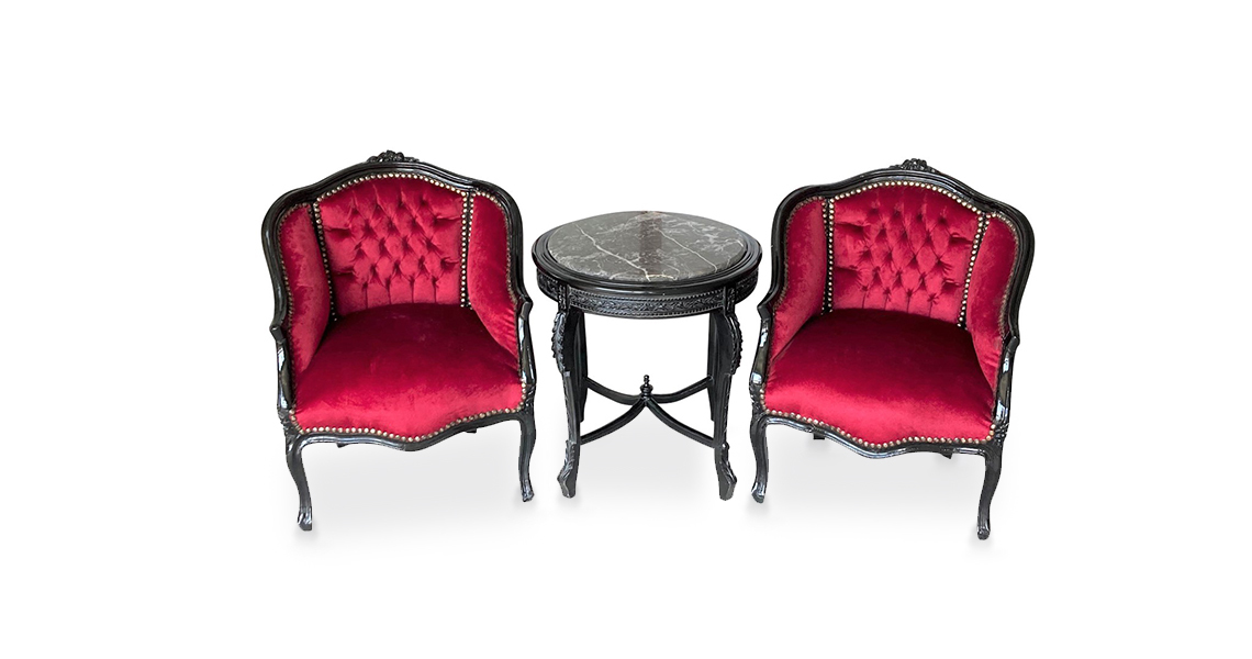 Barock Sessel schwarz bordeaux mit Beistelltisch